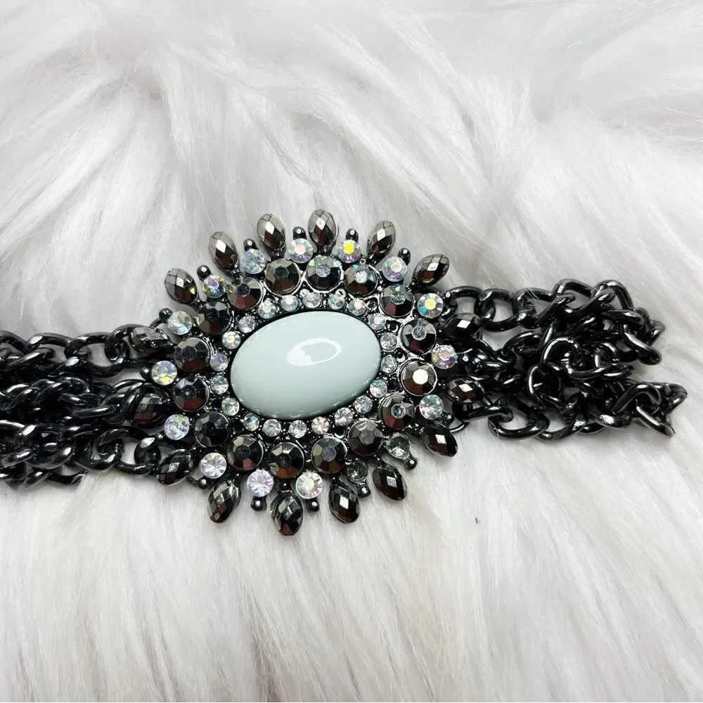 Chain Link Rhinestone Fashion Statement Bracelet Gun Metal Silver & Pastel Green